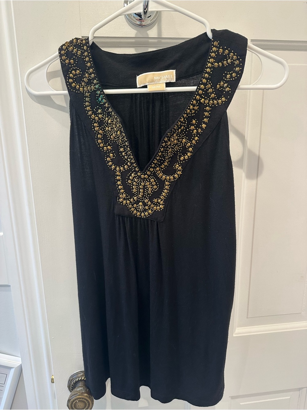 Michael Kors Black Sleeveless V-Neck Top with Gold Bead Embellishment